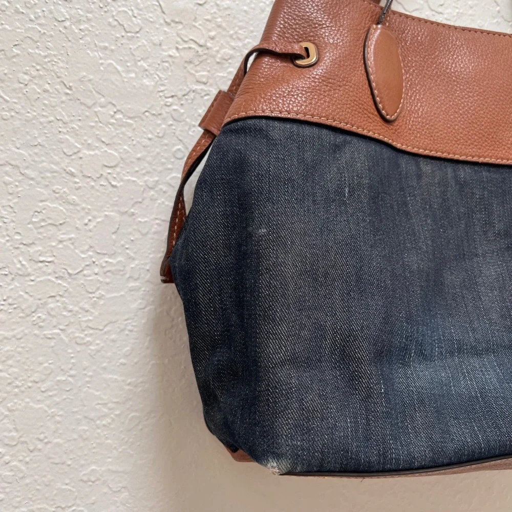 Michael Kors Marina Drawstring Denim Brown Leather Tote Shoulder Bag Designer